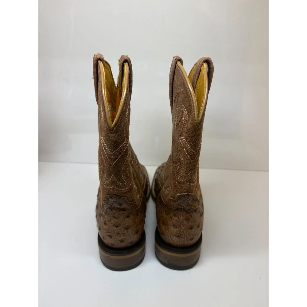 Cavenders Youth Ostrich Print Square Toe Cowboy Boots Brown CV20193Y Size 2D